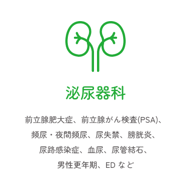 泌尿器科 前立腺肥大症、前立腺がん検査（PSA）、頻尿・夜間頻尿、尿失禁、膀胱炎、尿路感染症、血尿、尿管結石、男性更年期、ED など