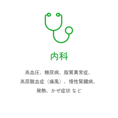 内科 高血圧、糖尿病、脂質異常症、高尿酸血症（痛風）、慢性腎臓病、発熱、かぜ症状 など